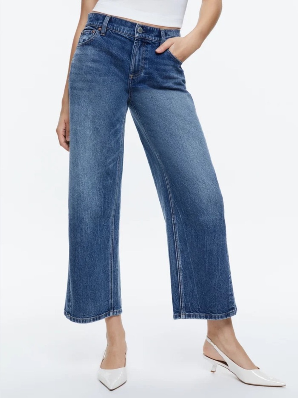 Alice + Olivia Ernie cropped buckle back baggy low rise jeans Brooklyn blue